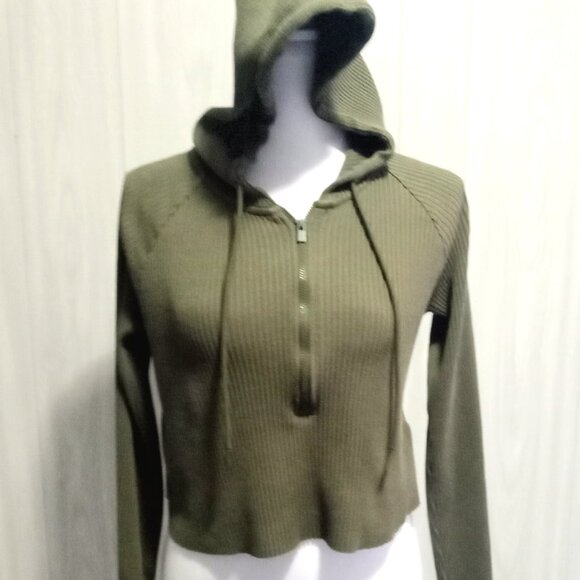 Dark Green Hooded Ribbed Half Zip Up Sweater Jacket Coat Women Cropped Top Shirt - Picture 1 of 5
